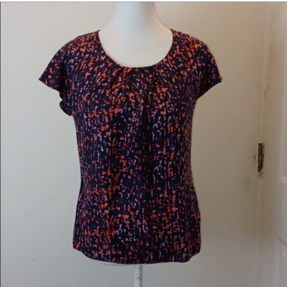 Boden Navy and Coral Abstract Print Short Sleeve Blouse